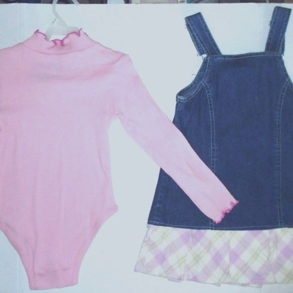 2 Pc Pink Bodysuit & Overalls Blue Denim Dress Set - Picture 4 of 6